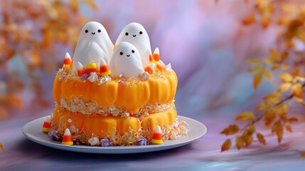 cake with a vibrant orange pumpkin frosting, topped with smiling fondant ghosts and candy corn. The background is a soft, blurred autumnal scene
