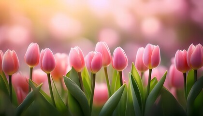 Obraz premium Fresh Tulips With Pink Buds On A Blurred Background