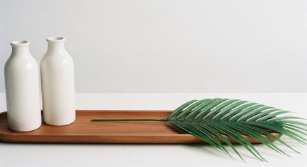 Minimalist home decor with white vases and palm leaf on wood tray
