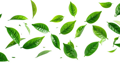 Naklejka premium Vibrant green tea leaves scattered against a black background