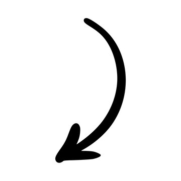 Hand-drawn Curved Down Arrow Icon. Black Sketchy Directional Pointer.
