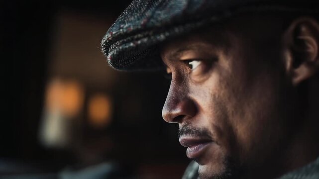 Close-up profile of a man in a flat cap gazing out a window.