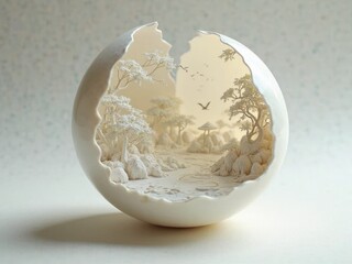 Intricate porcelain sphere depicting a serene landscape with trees and a pagoda, showcasing artistry