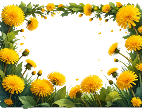 Firefly_Spring border with yellow dandelions, transparent background, PNG element, PNG frame - Powered by Adobe