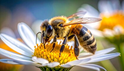 Honeybee on a daisy, close-up