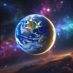 Fototapeta premium Outer space illustration of Earth and Moon floating in cosmos with glowing atmospheric details and starlight