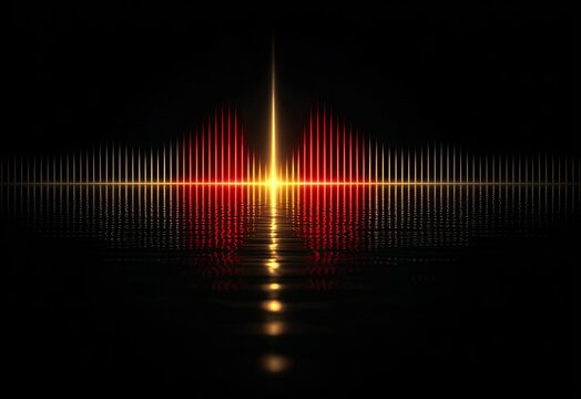 Abstract audio waveform, red and gold, reflected on dark water