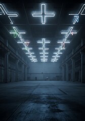 Expansive Interior with Plus Sign Neon Lights in an Industrial Space