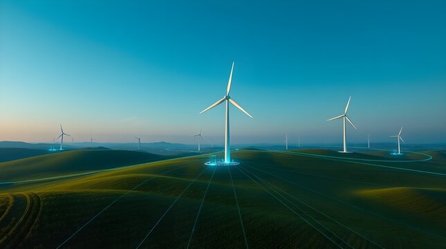 Wind turbines on green field with digital network overlay