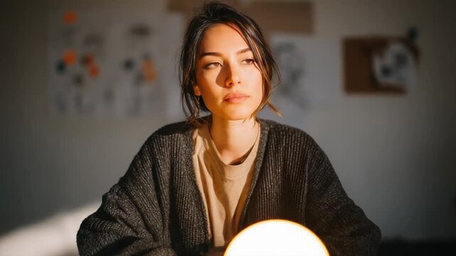 A woman sits at a table with a glowing lightbulb in front of her, sketches taped to the wall behind.