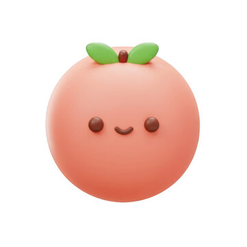 Cute Peach Fruit Cartoon Character With Smiling Face and Green Leaves on Transparent Background