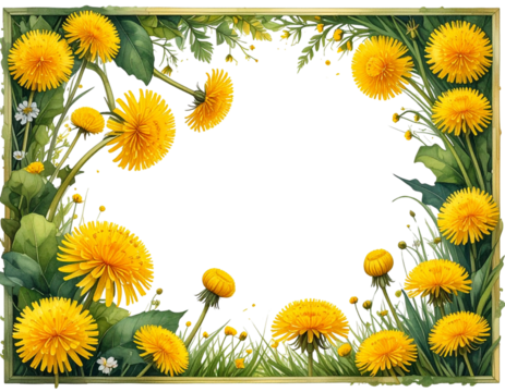 Firefly_Spring border with yellow dandelions, transparent background, PNG element, PNG frame - Powered by Adobe