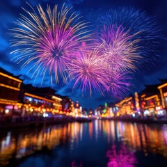 Festive Fireworks Display Over Traditional Chinese Architecture at Night