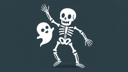 A skeleton dancing with a ghost, celebrating halloween on a dark background