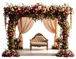 A beautiful Indian wedding mandap decorated with roses and flowers, set against isolated on a transparent background.