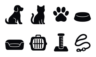Pet icons collection: dog, cat, paw, bowl, bed, carrier, scratching post, leash