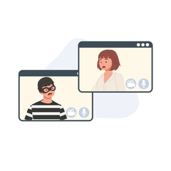 a video call between a scammer in disguise and a woman, representing online crime and digital safety issues.