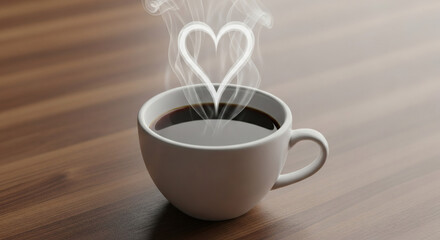 A white ceramic cup of hot black coffee with romantic heart-shaped steam rising from it.