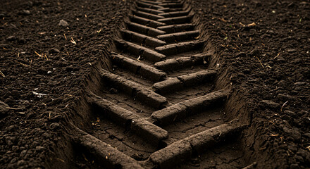 Tractor tire tracks in dark soil showing deep grooves and texture  