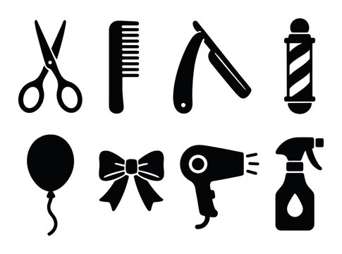Barber shop tools: scissors, comb, razor, pole, hairdryer, spray, bow, balloon icons
