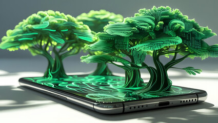 Digital trees grow from smartphone screen with binary code