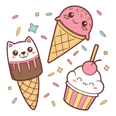 A colorful set of various delicious ice cream cones and cups in a sweet cartoon vector illustration