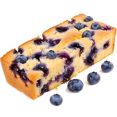 A slice of blueberry cake with fresh blueberries scattered nearby, showcasing a moist texture and embedded fruit.