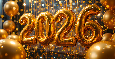 Gold balloons hanging from the ceiling arranged in a festive decorative composition creating a luxurious holiday party celebration with elegant seasonal mood