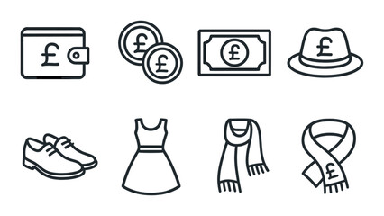 Monochrome icons of pound currency and fashion accessories