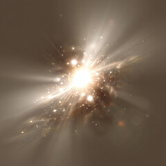 White glowing light isolated on transparent backdrop, mimicking sunlight with lens flare.