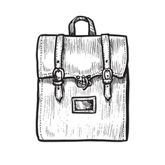 Retro style backpack, front view, doodle black ink drawing, woodcut vector