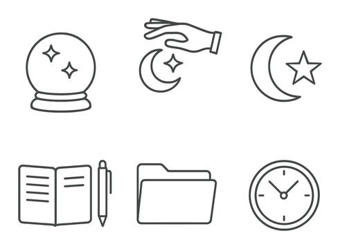 Mystic symbols collection: hand, moon, book, crystal ball, folder, clock icons