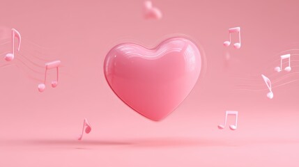 Heart-Shaped 3D Cartoon Sculpture with Musical Notes in Pink Background
