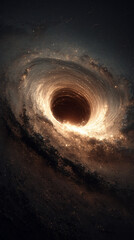 a black hole at the center of space, surrounded by stars and dust swirling around it