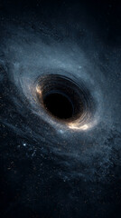 a black hole at the center of space, surrounded by stars and dust swirling around it