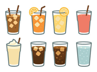 Colorful array of eight refreshing drinks in glasses with ice and garnishes