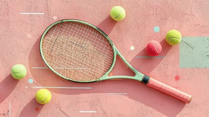 Tennis Equipment on Pink Court, a vibrant tennis court featuring a racket and balls, surrounded by a minimalist backdrop that emphasizes the sport’s essentials.