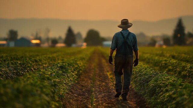 A farmer in overalls and a wide-brim hat walks along a dirt path between rows of crops at sunset.