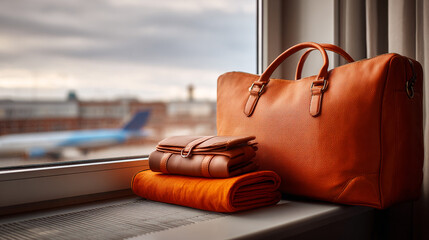 Orange leather handbag and accessories by a window overlooking an airport