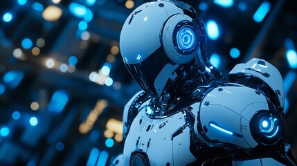 3D effect of a futuristic robot with detailed metallic surfaces and glowing lights, standing
