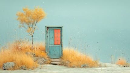 Surreal Doorway in Nature, an enchanting portal amidst lush greenery, symbolizing new beginnings, set against a tranquil minimalist backdrop, inviting exploration and contemplation.