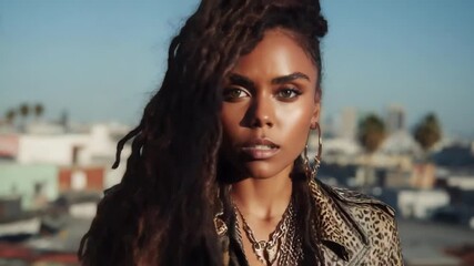 A stylish woman with long wavy hair wearing a leopard-print jacket poses against a sunny cityscape with palm trees. - Powered by Adobe