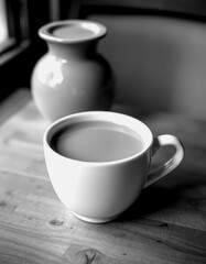 Warm cup of coffee next to a ceramic vase