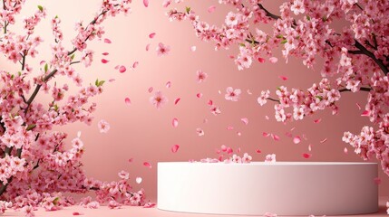 Obraz premium Pink cherry blossom display with empty podium