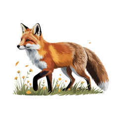 Obraz premium Red fox standing in tall grass with delicate flowers isolated on transparent background