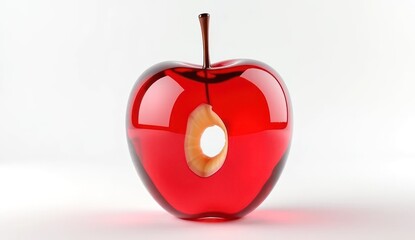 Obraz premium Luminous Red Glass Apple with a Carved, Hollow Core on a Minimalist White Background.