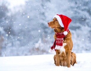 Dog in Santa hat and scarf in snow