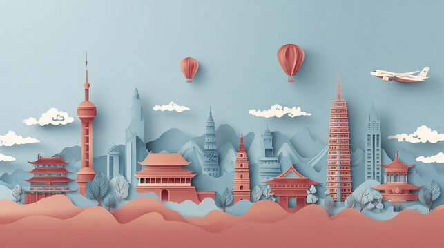Paper art Chinese cityscape travel adventure hot air balloons airplane mountains temples pagodas skyscrapers