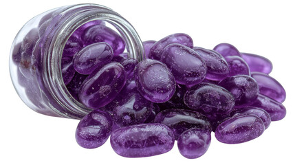 Obraz premium Purple glass pebbles spilling from small jar, glossy textured stones creating calming, decorative scene with gentle highlights