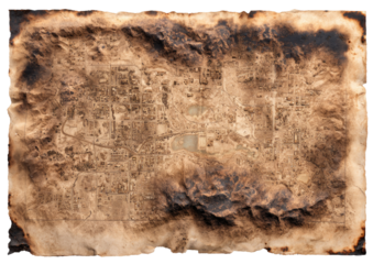 Burnt parchment map of a city.  Distorted, aged, and scorched